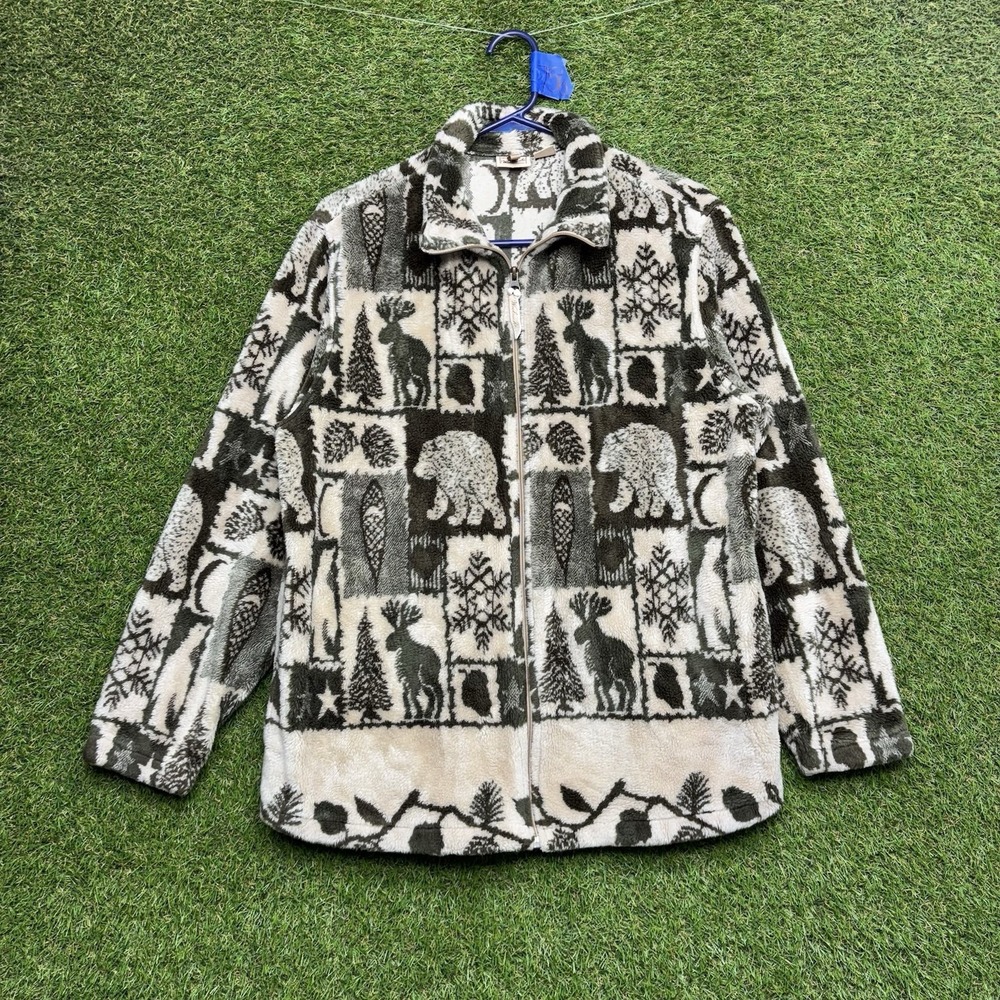 Vintage Nature Cardigan Sweater Womens Large Ridge North Country Fleece AOP Zip